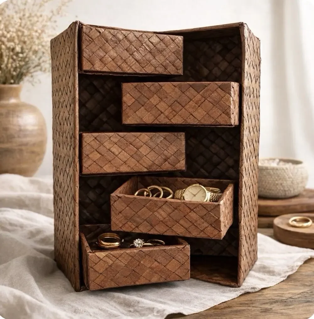 Vintage Handcrafted Woven Grass Foldable Storage, Jewelry, Coins Boho Vanity Box